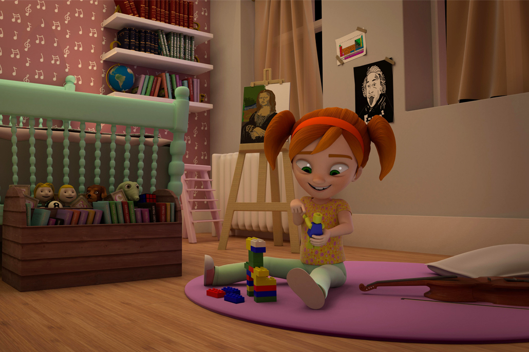 3D animation of little girl playing with Legos in her room